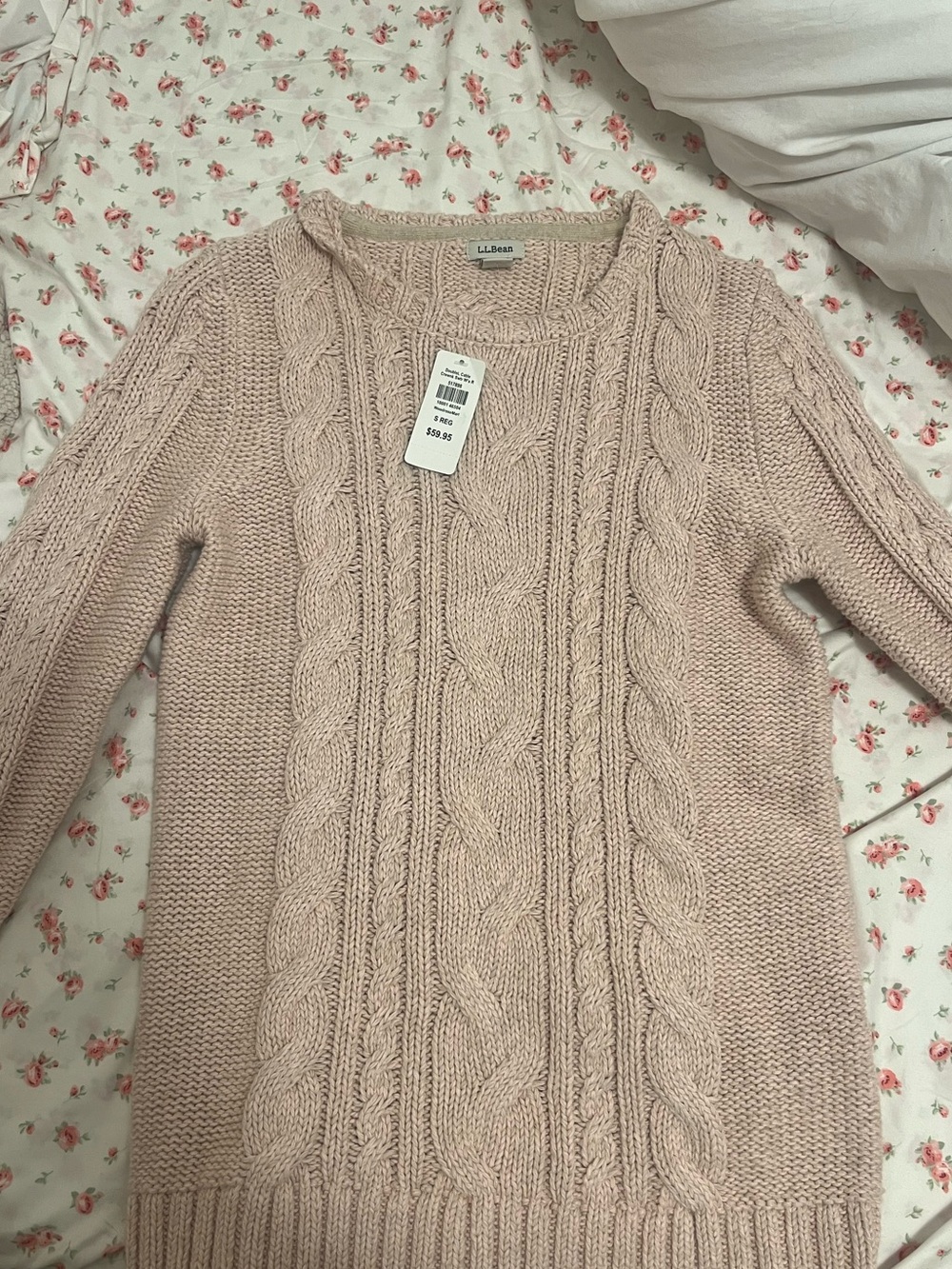 L.L. Bean Women's Blush Cable Knit Crewneck Sweater